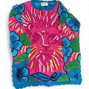 Vintage Lilly Pulitzer Lion Face Knit Cotton Sweater Blue and Pink Floral Size M